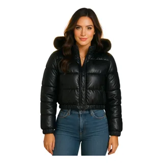 Jaqueta Puffer Feminina Cropped Couro Forrada Capuz Pelinho Jaqueta Puffer Feminina Cropped Couro Forrada Capuz Pelinho