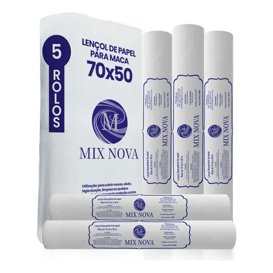 Lençol Descartável Papel Hospitalar Maca 70x50 05 Rolos Resistente Branco Mix Nova Para Clinica Consultório Estética Depilação