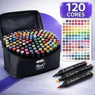 Kit Canetas 120 Cores Para Colorir Ponta Dupla Canetinhas Colorida Touch Caneta Coloridas Canetinha Variadas Marcador Artístico Colorido Conjunto Maleta Bolsa Estojo Desenho Escolar Livro