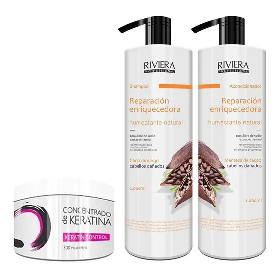 Shampoo Sin Sal Riviera Cabellos Dañados 1 litro Acondicionador Sin Sal Riviera 1 Litro Keratina Riviera 350 ml