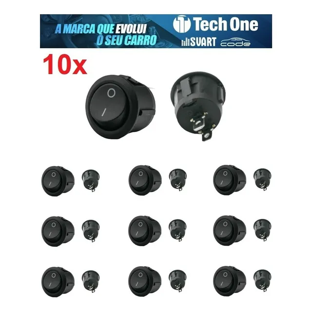 Kit Com 10 Botão Tic Tac Redondo Preto Chave Liga Desliga 