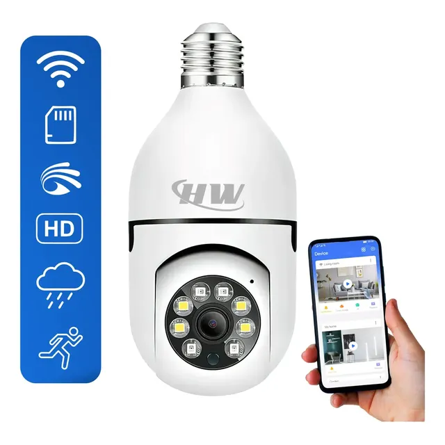 Câmera De Segurança Wi-fi 360° Hw Lâmpada E27 Full Hd Visão Noturna Colorida Áudio Sensor Movimento Ip