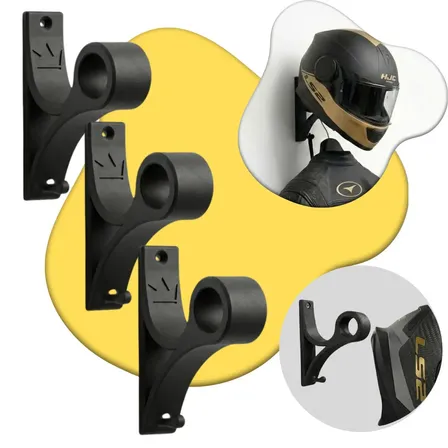 Kit 3 Suporte De Capacete Parede Kingbr Com Gancho Porta Chaves Organizador Acompanha Parafusos E Buchas Para Capacete De Moto Bike Motocross E Skate Cor Preto Lisa 67/68