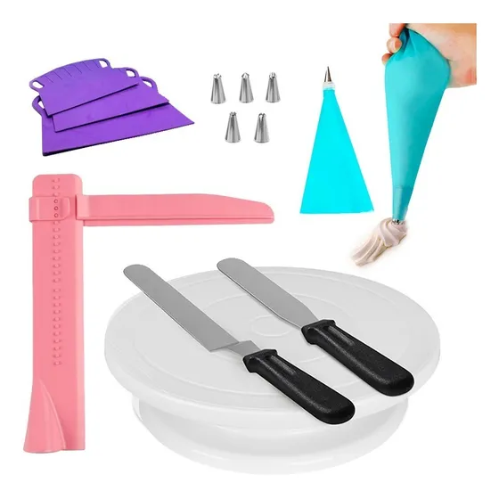 Kit Pasteleria Plato Giratorio Pie 2 Espatulas Manga Picos Alisador Escalon Y Recta 28cm Torta Reposteria Decoracion Cocina