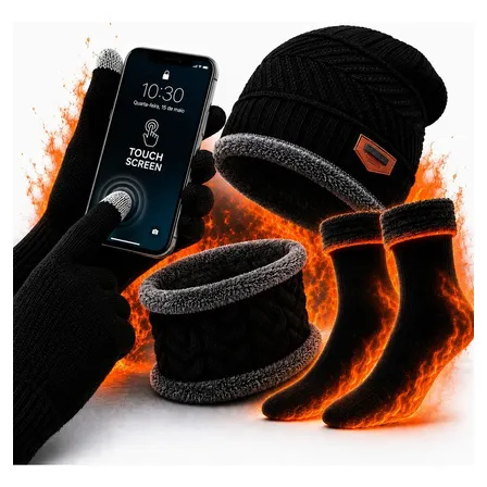 Kit De Frio Touca Gorro Luva Cachecol Meia Térmica Quente Preto Un Liso