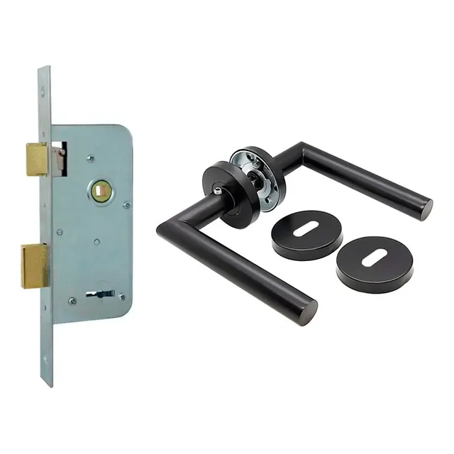 Cerradura Con Picaportes Inox Negros Dobles Con Retroceso