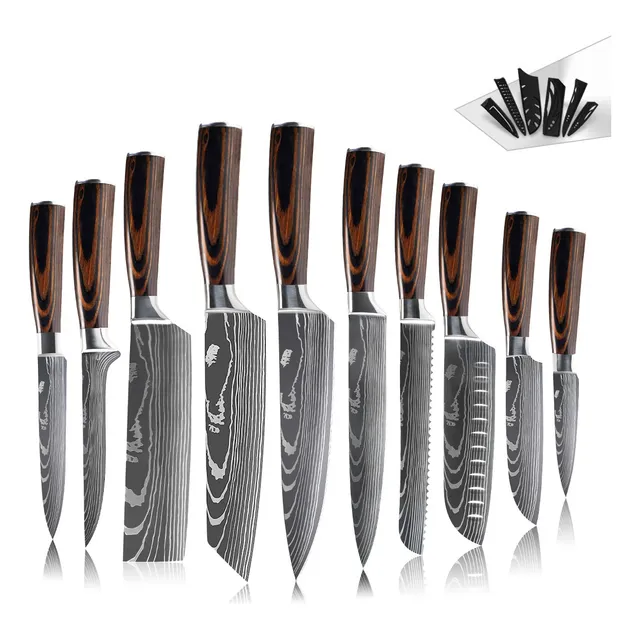 Conjunto De 10 Facas Padrão Damasco Profissionais Inox Chef