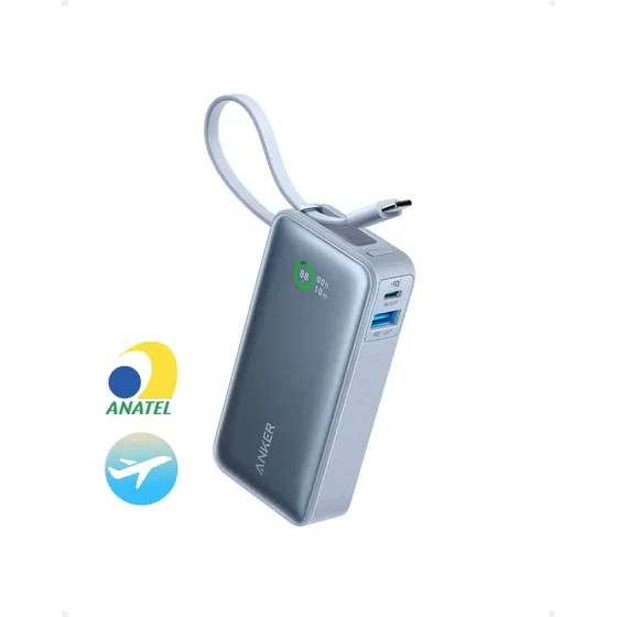 Carregador Portátil Power Bank Anker 10000mAh 30W Turbo Com Cabo USB-C Embutido e Tela Digital Leve e Compacto Original Azul