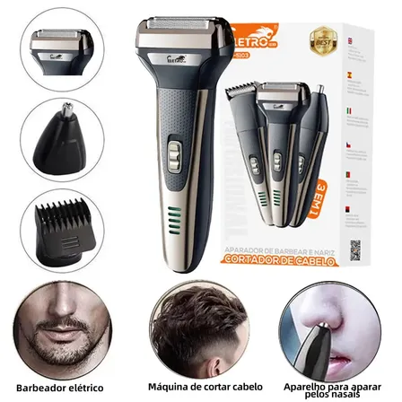 Maquina De Barbear Aparador E Depilador De Pelos Elétrico 3 Em 1 Cabelo Nariz Barba Corpo - Eletro Mex EL-5103 Preto com Prata