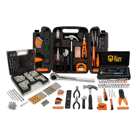 Kit Jogo De Ferramentas 129 Peças Com Jogo De 40 Soquetes Chaves E Kit 300 Peças Brocas E Buchas The Black Tools Preto