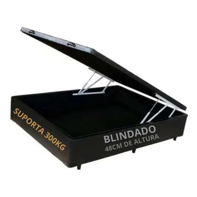 Cama baú de casal na cor preta com a tampa aberta, exibindo o sistema de pistões e o compartimento interno, com textos indicando suporte para 300kg e 48cm de altura.