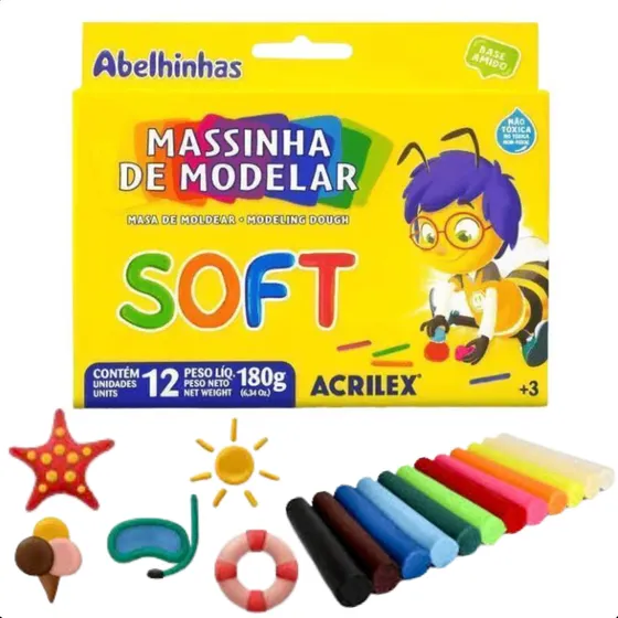Massinha De Modelar Escolar 12 Cores Soft Acrilex Infantil Cor Colorido