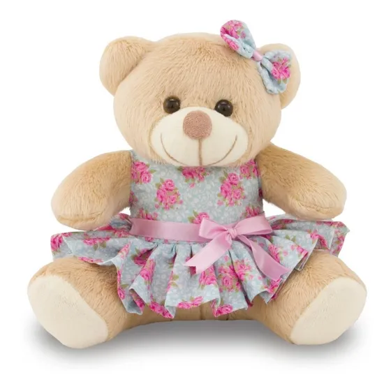 Ursinha De Pelúcia Menina Floral 20cm - Decoração Cor Caramelo / Azul