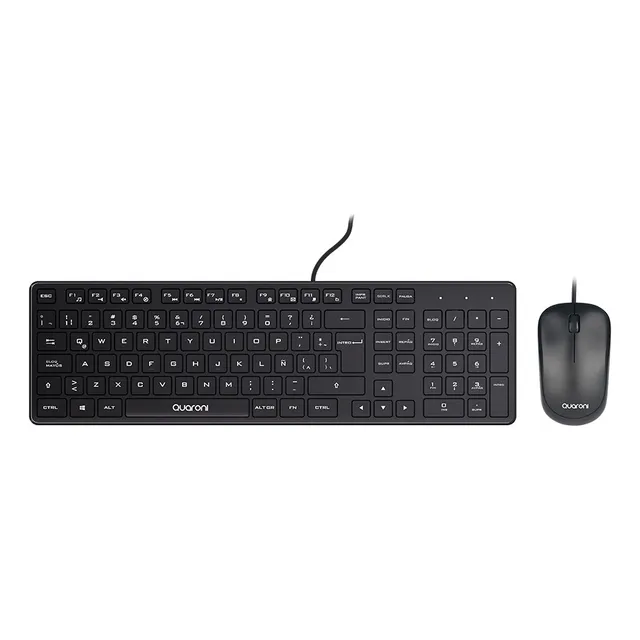 Kit De Teclado Y Mouse Alámbrico USB Quaroni para PC con Teclado Multimedia y Mouse de Alta Precisión en Color Negro Modelo KAQ01