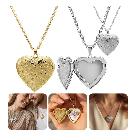 Anebake 2pz Collar Dije Corazón Parejas Foto Acero Inoxidable Regalo
