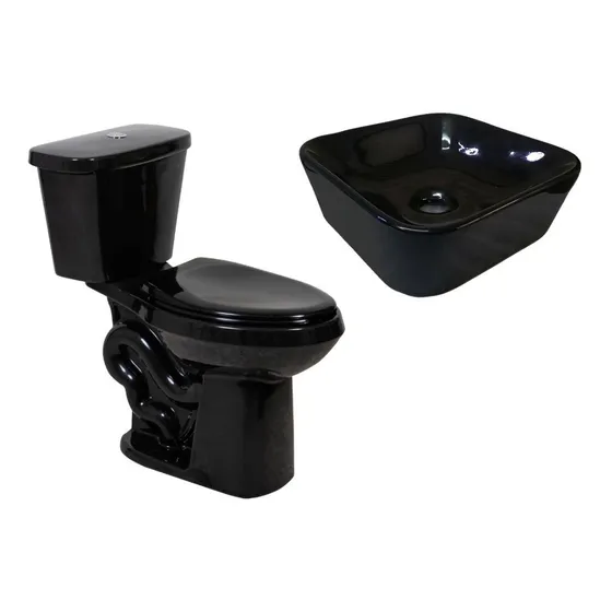 Kit De Baño Negro: Sanitario Wc Alargado Con Tapa Y Ovalin