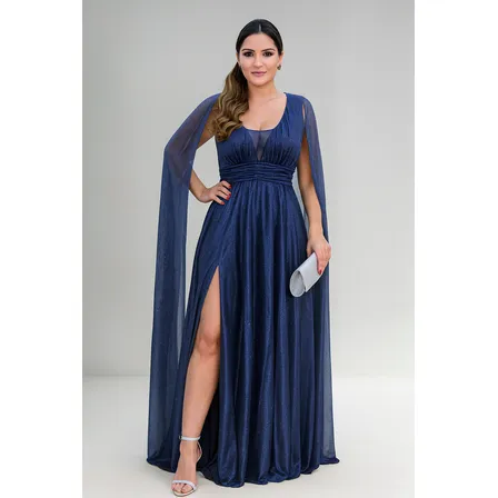 Vestido Longo Com Fenda E Capa Dupla Madrinha Tule Brilho