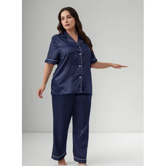 Pijama De Lapela Luxuoso Com Botões De Cetim Plus Size