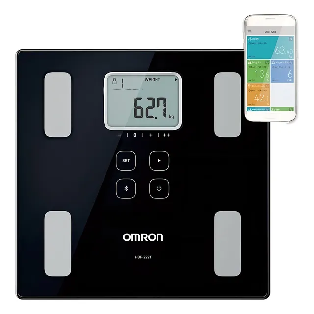 Balanza de bioimpedancia con batería HBF-222t Omron en color negro con Bluetooth