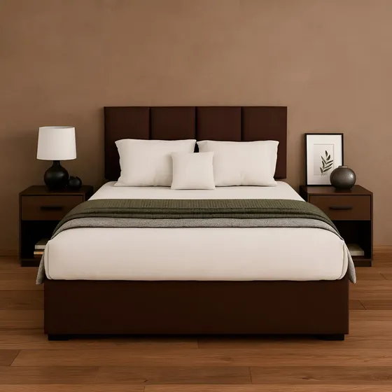 Cama Recamara para Colchón Matrimonial Base Cabecera Madera Tapiz Chocolate Italia