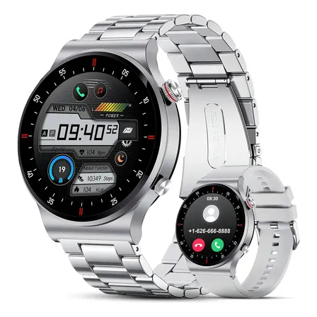 Relógio Inteligente Homem Smartwatch Esporte Negócio Chamada Mais De 100 +modos Esportivos,monitor De Frequência... Prateado Pulseira De Aço Inoxidável Pulseira De Silicone