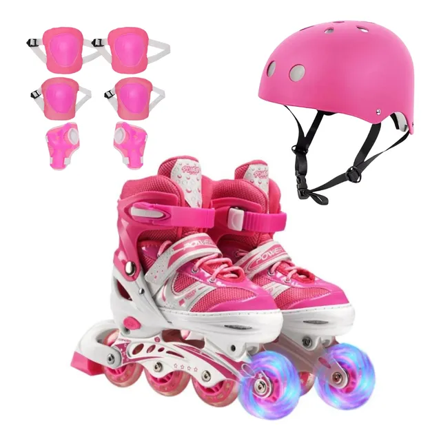 Patines Lineales Rosado Niñas Y Jóvenes + Set De Protección 