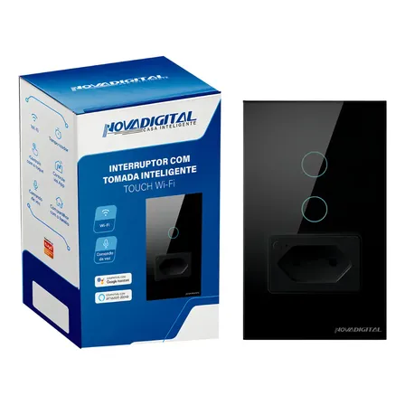 Interruptor Inteligente Wifi Novadigital 2 Teclas Botões Touch Com Tomada 20a Compatível Tuya Alexa Smart Life Google Preto 127/220v