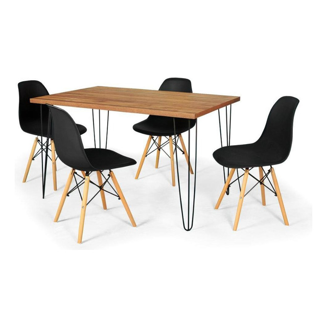 Mesa De Jantar Base Hairpin 130x80 Natural + 4 Cadeiras Solo Mesa De Jantar Base Hairpin 130x80 Natural + 4 Cadeiras Solo