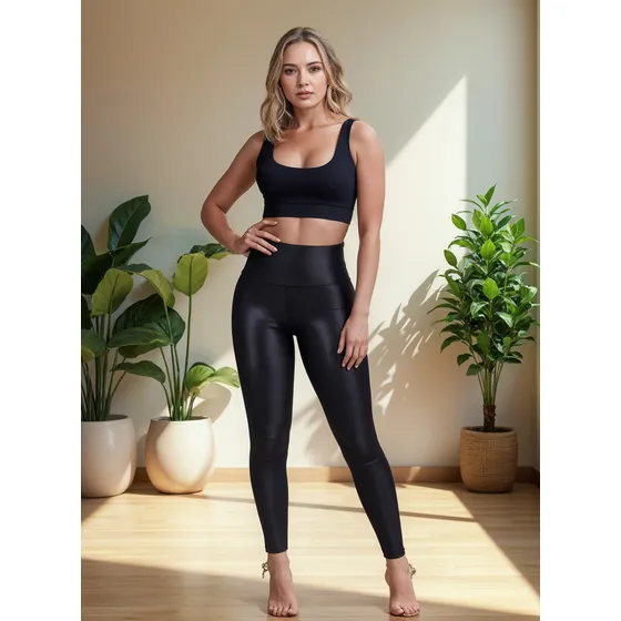 Calza Lycra Efecto Ecocuero Colombiana Fajón Cintura Evozze