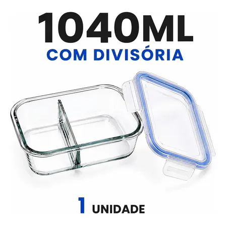 Pote Marmita De Vidro Hermético 1040ml C/ Divisória Freezer Transparente