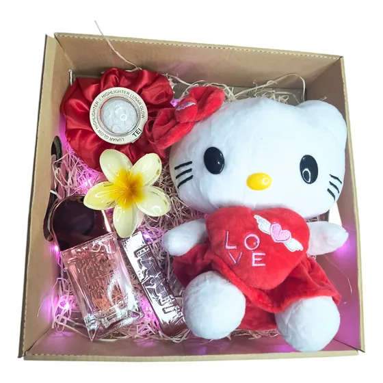 Box Peluche Hello Kitty Con Iluminador Perfume Labial Broche
