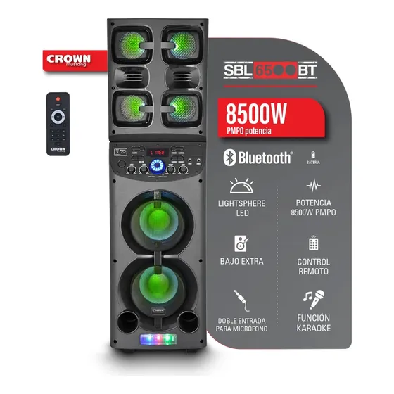 Parlante Portátil Bluetooth Sbl-6500bt Crown Mustang 8500w Color Negro autoamplificado de 4 vías Con luces
