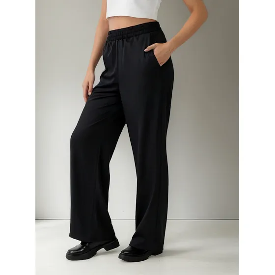 Pantalon Recto Ancho De Modal Con Elastico En Cintura Talles