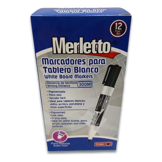 Marcador Acrílico Para Pizarra Negro Caja 12 Unds Merletto