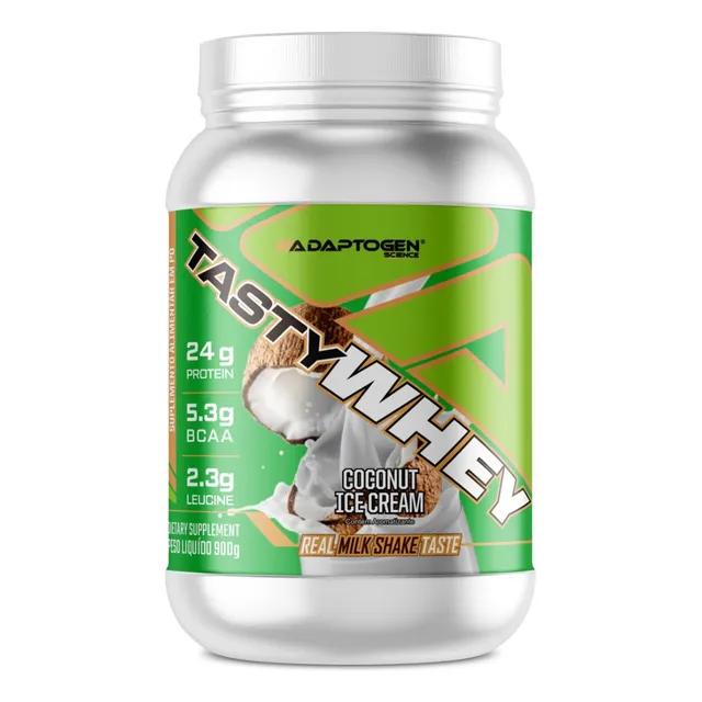Suplemento Tasty Whey Adaptogen Science Whey Protein 3w Gourmet Pote 900g Sabor Sorvete de Coco