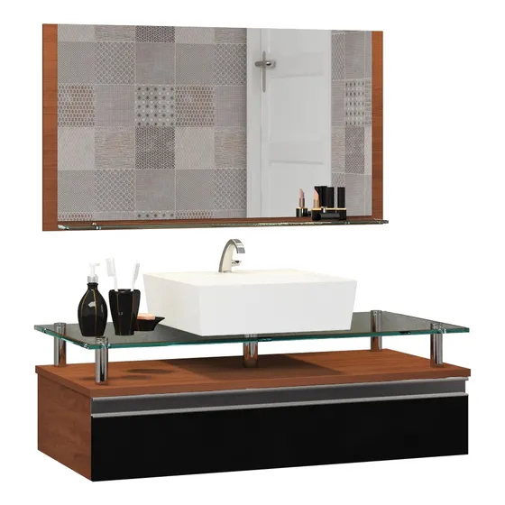 Conjunto Gabinete Banheiro Ametista 60cm Com Tampo De Vidro