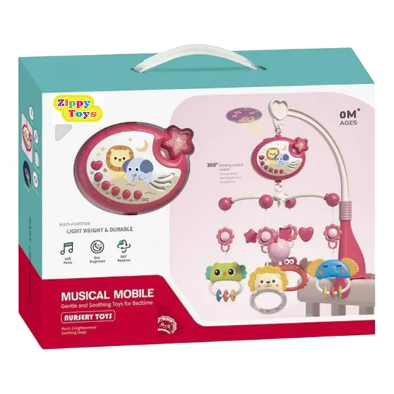 Movil Musical Cuna Con Luces Sonidos Proyector Zippy Toys Color Rosa Animales