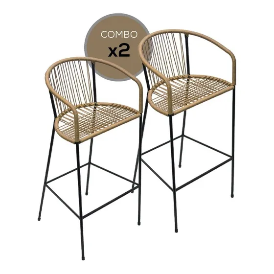 Banqueta Taburete Alta Para Desayunador o Barra Silla Banquetas Set x2 Color Beige Tejidas Simil Yute Sillas Altas