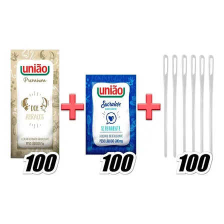 Kit Açucar Uniao Sache + Adoçante Sucralose Sache + Mexedor Cafe