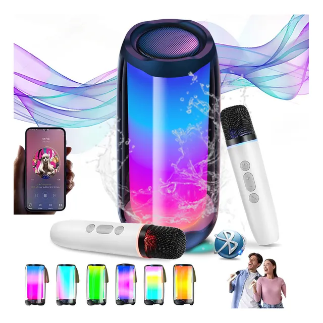 Bocina Bluetooth Portátil Altavoz Impermeable Subwoofer Con 2 Micrófono Karaoke con RGB Luz de Discoteca Bass Sonido Estéreo Soporte 3.5 Mm Aux Tf Usb Para Interior Hogar Y Fiesta Negro