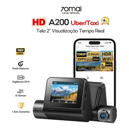Câmera Veicular Automotiva 70mai A200 2'' Tela HD 1080P Hdr Wifi 60fps Ângulo 130 Camera para Carro 24h Visão Noturna com App G-sensor Vigilância de Estacionamento 24H Gravação de Emergência