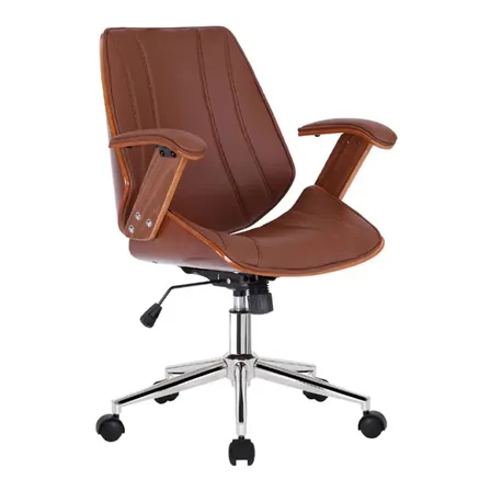 Cadeira De Escritório Diretor Cor Marrom Ergonômica Executiva Giratória Acabamento em Couro Sintético e Madeira Premium Fratini Kopenhagen