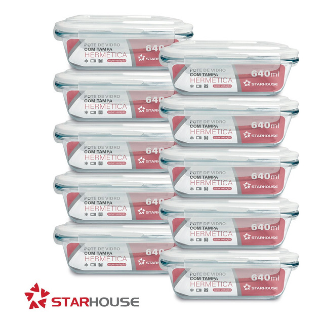 Kit 10 Potes Vidro 640ml Hermético Marmita Forno Refratário Star House Kit 10 Potes Vidro 640ml Hermético Marmita Forno Refratário Star House