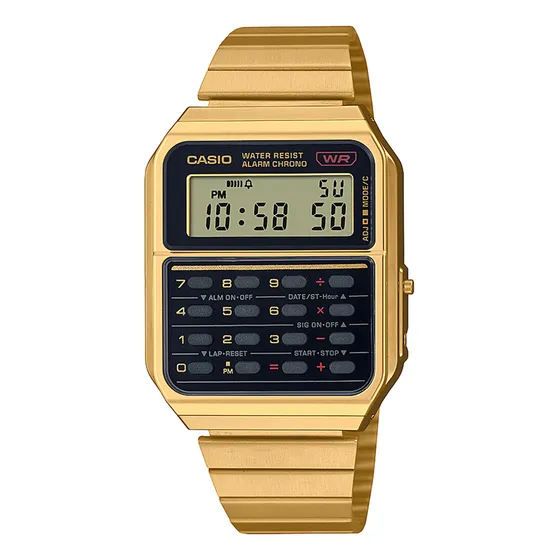 Reloj pulsera digital Casio CA-500WEG-1ADF con correa de acero inoxidable color dorado - fondo negro