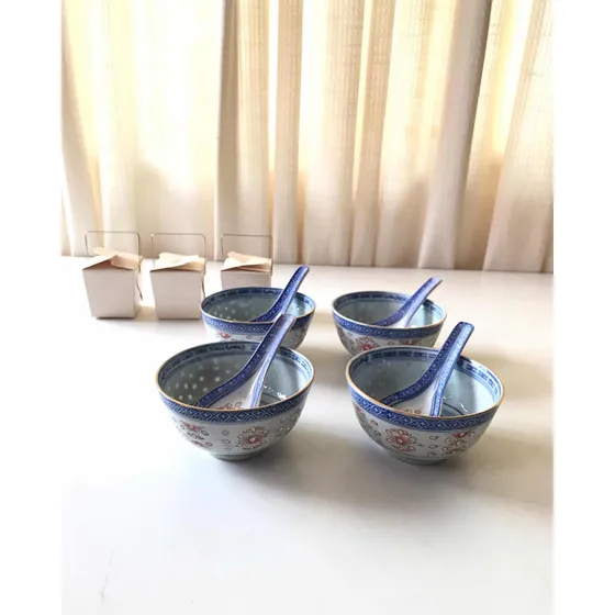 Cuencos Y Cucharas Estilo Chino, Set De 4 Puestos, Porcelana