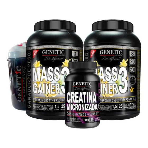 Gainer 3 Kilos + Creatina + Vaso Genetic Ganador Peso Fuerza