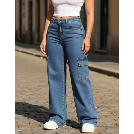 Calça Jeans Feminina Levanta Bumbum Cintura Cargo 100%