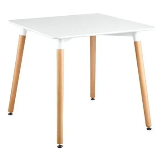 Mesa Eames Cuadrada 80cm Patas De Madera Calidad Premium Tapa Blanco Patas Marrón Claro