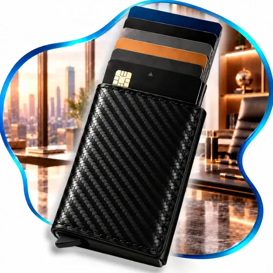 Carteira Vip Cell Porta-Cartão Anti Furto Slim Antifraude com Proteção RFDI Masculina Compacta Cnh Em Couro Fibra de Carbono Saque Cartões Rápido Corporativa c/ Sistema Pop Up