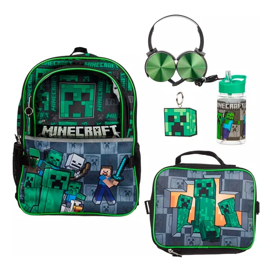 Morral Minecraft Con Lonchera, Cartuchera, Termo Y Audifonos